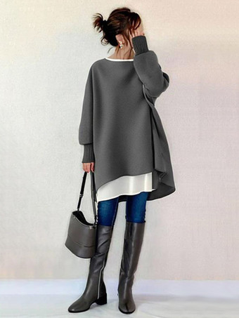 グレイエレガントなジュエルネックグレー長袖ハイローデザイントップスチュニックトップスレディースファッション