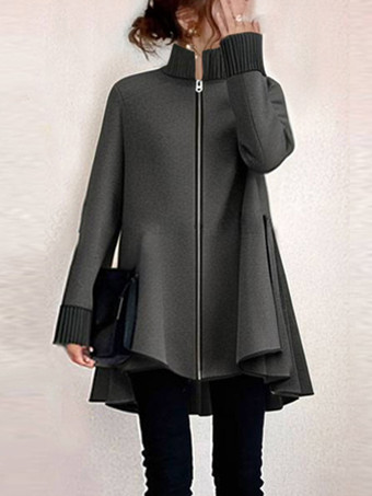 グレイエレガントなハイカラーグレーの長袖ハイローデザインジッパートップチュニックトップスレディースファッション