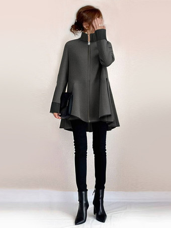 エレガントなハイカラーグレーの長袖ハイローデザインジッパートップチュニックトップスレディースファッション