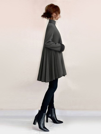 エレガントなハイカラーグレーの長袖ハイローデザインジッパートップチュニックトップスレディースファッション