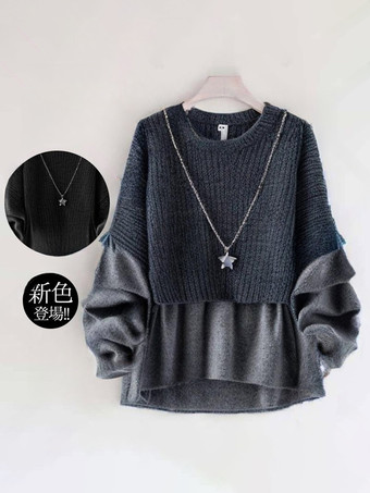 エレガントなジュエルネックグレー長袖ツートンフェイクツーピーススタイルトップニットトップスレディースファッション