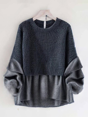 グレイエレガントなジュエルネックグレー長袖ツートンフェイクツーピーススタイルトップニットトップスレディースファッション