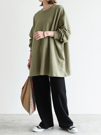 カジュアルジュエルネックグレー長袖トップスチュニックトップスレディースファッション