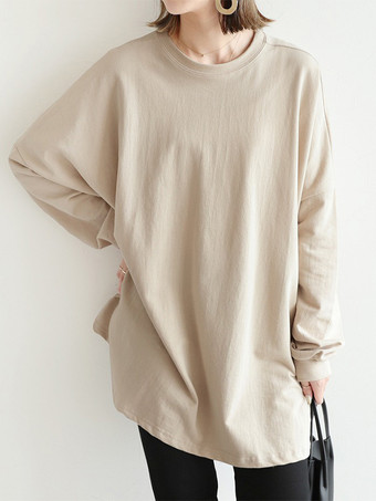 アプリコットカジュアルジュエルネックグレー長袖トップスチュニックトップスレディースファッション