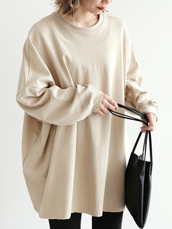 カジュアルジュエルネックグレー長袖トップスチュニックトップスレディースファッション