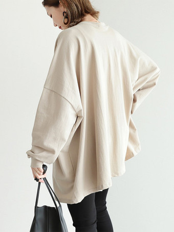 カジュアルジュエルネックグレー長袖トップスチュニックトップスレディースファッション