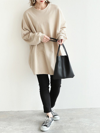 カジュアルジュエルネックグレー長袖トップスチュニックトップスレディースファッション