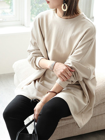 カジュアルジュエルネックグレー長袖トップスチュニックトップスレディースファッション