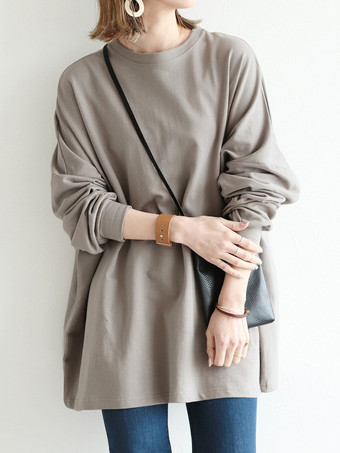 グレイカジュアルジュエルネックグレー長袖トップスチュニックトップスレディースファッション