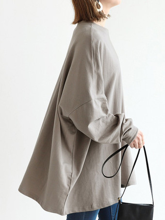 カジュアルジュエルネックグレー長袖トップスチュニックトップスレディースファッション