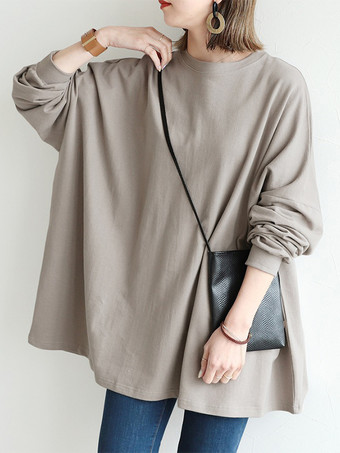 カジュアルジュエルネックグレー長袖トップスチュニックトップスレディースファッション