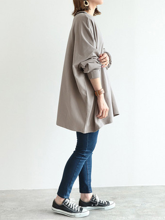 カジュアルジュエルネックグレー長袖トップスチュニックトップスレディースファッション