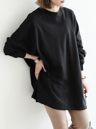 ブラック カジュアルジュエルネックグレー長袖トップスチュニックトップスレディースファッション