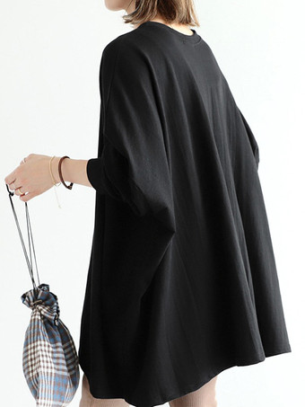 カジュアルジュエルネックグレー長袖トップスチュニックトップスレディースファッション