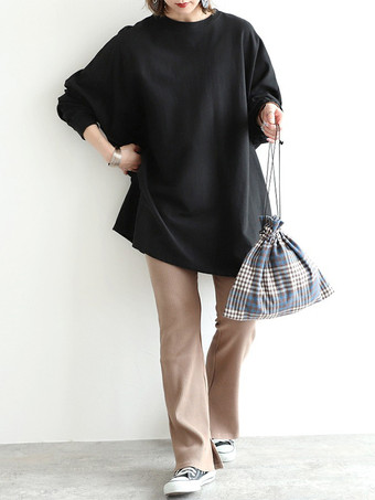 カジュアルジュエルネックグレー長袖トップスチュニックトップスレディースファッション