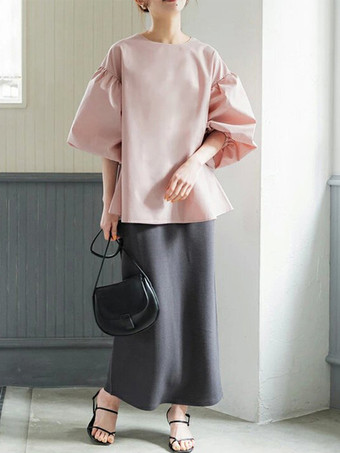 カジュアルジュエルネックパフスリーブダークローズハーフスリーブプリーツトップスシャツ＆ブラウストップスレディースファッション