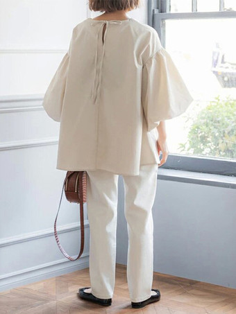 カジュアルジュエルネックパフスリーブダークローズハーフスリーブプリーツトップスシャツ＆ブラウストップスレディースファッション