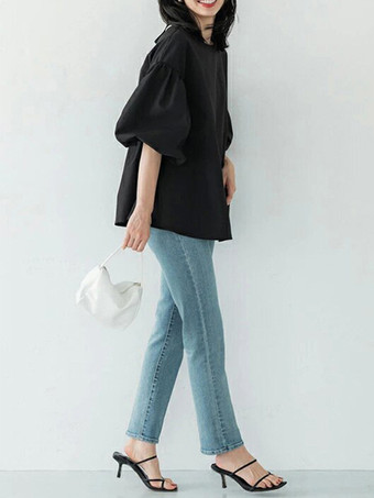 カジュアルジュエルネックパフスリーブダークローズハーフスリーブプリーツトップスシャツ＆ブラウストップスレディースファッション