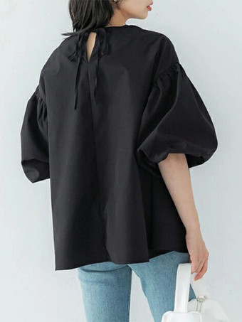 カジュアルジュエルネックパフスリーブダークローズハーフスリーブプリーツトップスシャツ＆ブラウストップスレディースファッション