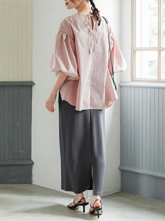 カジュアルジュエルネックパフスリーブダークローズハーフスリーブプリーツトップスシャツ＆ブラウストップスレディースファッション