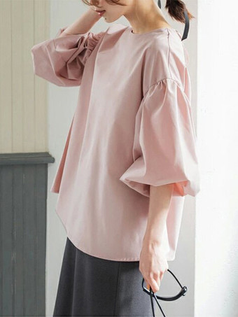 カジュアルジュエルネックパフスリーブダークローズハーフスリーブプリーツトップスシャツ＆ブラウストップスレディースファッション