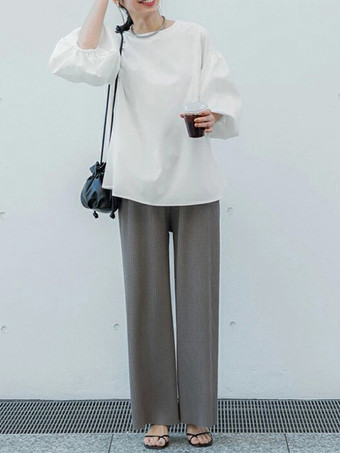 カジュアルジュエルネックパフスリーブダークローズハーフスリーブプリーツトップスシャツ＆ブラウストップスレディースファッション