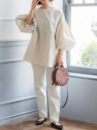 カジュアルジュエルネックパフスリーブダークローズハーフスリーブプリーツトップスシャツ＆ブラウストップスレディースファッション