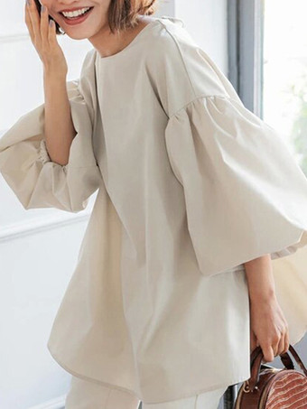 カジュアルジュエルネックパフスリーブダークローズハーフスリーブプリーツトップスシャツ＆ブラウストップスレディースファッション