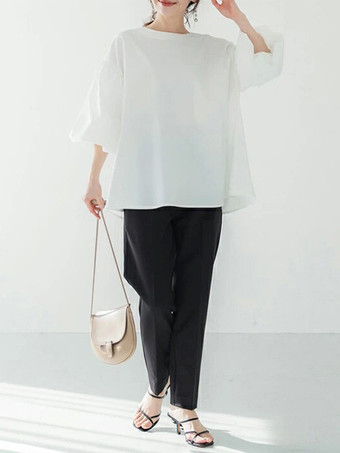 カジュアルジュエルネックパフスリーブダークローズハーフスリーブプリーツトップスシャツ＆ブラウストップスレディースファッション