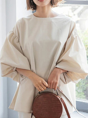 アプリコットカジュアルジュエルネックパフスリーブダークローズハーフスリーブプリーツトップスシャツ＆ブラウストップスレディースファッション