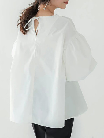 ホワイト カジュアルジュエルネックパフスリーブダークローズハーフスリーブプリーツトップスシャツ＆ブラウストップスレディースファッション