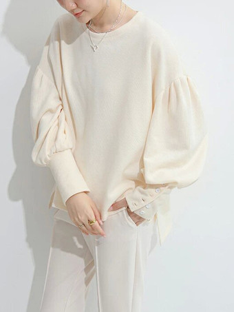 カジュアル ジュエルネック ランタンスリーブ ディープグレー 長袖 プリーツボタン トップス スウェットシャツ/パーカー トップス レディース ファッション