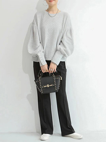 カジュアル ジュエルネック ランタンスリーブ ディープグレー 長袖 プリーツボタン トップス スウェットシャツ/パーカー トップス レディース ファッション