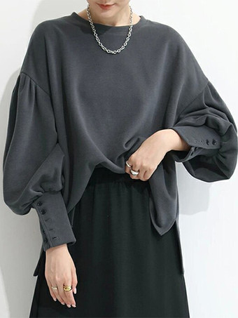 カジュアル ジュエルネック ランタンスリーブ ディープグレー 長袖 プリーツボタン トップス スウェットシャツ/パーカー トップス レディース ファッション