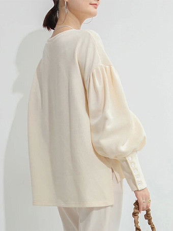 カジュアル ジュエルネック ランタンスリーブ ディープグレー 長袖 プリーツボタン トップス スウェットシャツ/パーカー トップス レディース ファッション