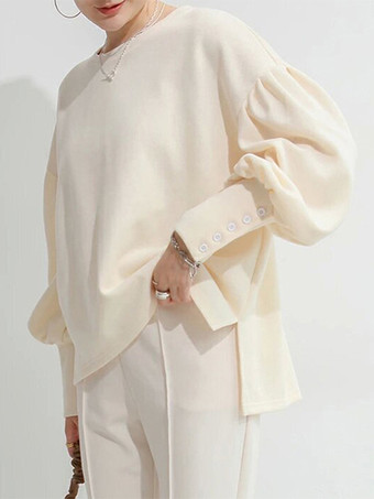 カジュアル ジュエルネック ランタンスリーブ ディープグレー 長袖 プリーツボタン トップス スウェットシャツ/パーカー トップス レディース ファッション