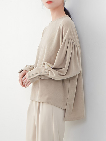 カジュアル ジュエルネック ランタンスリーブ ディープグレー 長袖 プリーツボタン トップス スウェットシャツ/パーカー トップス レディース ファッション