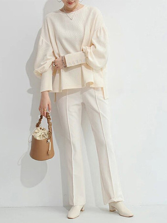 カジュアル ジュエルネック ランタンスリーブ ディープグレー 長袖 プリーツボタン トップス スウェットシャツ/パーカー トップス レディース ファッション