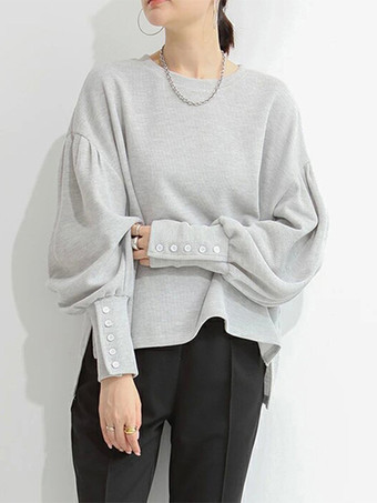 カジュアル ジュエルネック ランタンスリーブ ディープグレー 長袖 プリーツボタン トップス スウェットシャツ/パーカー トップス レディース ファッション
