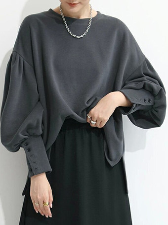 カジュアル ジュエルネック ランタンスリーブ ディープグレー 長袖 プリーツボタン トップス スウェットシャツ/パーカー トップス レディース ファッション