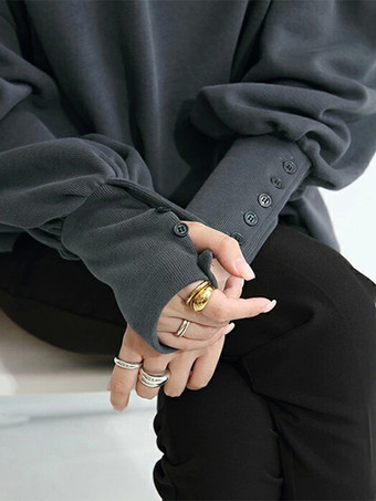 カジュアル ジュエルネック ランタンスリーブ ディープグレー 長袖 プリーツボタン トップス スウェットシャツ/パーカー トップス レディース ファッション