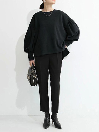 カジュアル ジュエルネック ランタンスリーブ ディープグレー 長袖 プリーツボタン トップス スウェットシャツ/パーカー トップス レディース ファッション