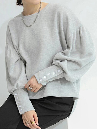 カジュアル ジュエルネック ランタンスリーブ ディープグレー 長袖 プリーツボタン トップス スウェットシャツ/パーカー トップス レディース ファッション
