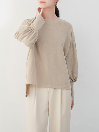 カジュアル ジュエルネック ランタンスリーブ ディープグレー 長袖 プリーツボタン トップス スウェットシャツ/パーカー トップス レディース ファッション