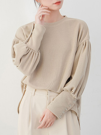 カーキ カジュアル ジュエルネック ランタンスリーブ ディープグレー 長袖 プリーツボタン トップス スウェットシャツ/パーカー トップス レディース ファッション