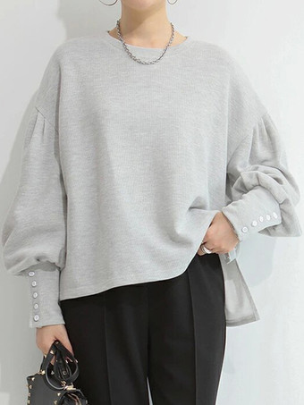 ライトグレー カジュアル ジュエルネック ランタンスリーブ ディープグレー 長袖 プリーツボタン トップス スウェットシャツ/パーカー トップス レディース ファッション