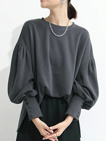 ダークグレー カジュアル ジュエルネック ランタンスリーブ ディープグレー 長袖 プリーツボタン トップス スウェットシャツ/パーカー トップス レディース ファッション