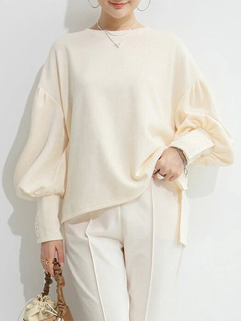 アイボリー カジュアル ジュエルネック ランタンスリーブ ディープグレー 長袖 プリーツボタン トップス スウェットシャツ/パーカー トップス レディース ファッション