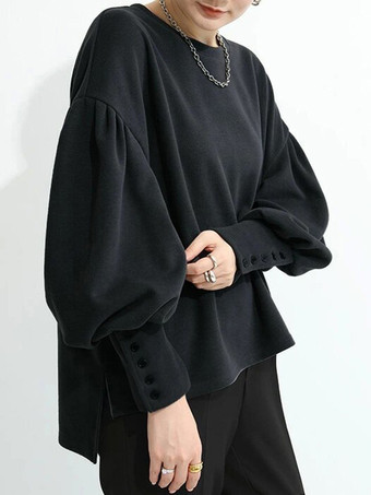 ブラック カジュアル ジュエルネック ランタンスリーブ ディープグレー 長袖 プリーツボタン トップス スウェットシャツ/パーカー トップス レディース ファッション