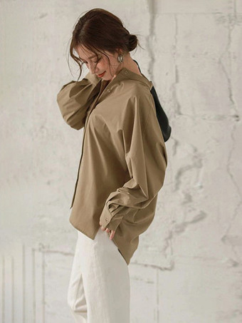 カーキ カジュアルスタンドカラーバットウィングスリーブイリュージョンブルーロングスリーブハイローデザインボタントップシャツとブラウストップスレディースファッション